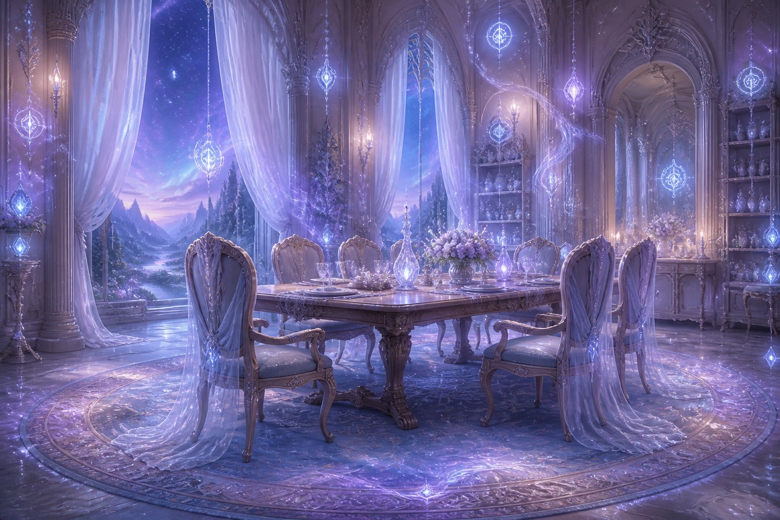 Une salle à manger avec une grande table en bois entourée de chaises, un tapis décoratif sous la table, et une lumière douce illuminant la pièce.
